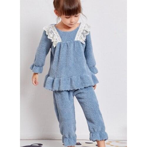 Girls Two Piece Pajamas, Childrens Lace Ruffled Solid Pullover Elastic Belt Pants for Kids Fleece Warm Winter Sleepwear Set