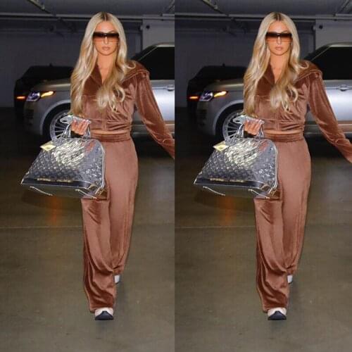 Pleuche Velvet 2021 Women 3 Piece Set Zipper Hoodies Sweatshirt Crop Top High Waist Wide Leg Pants Tracksuit Sporty Outfit G2951