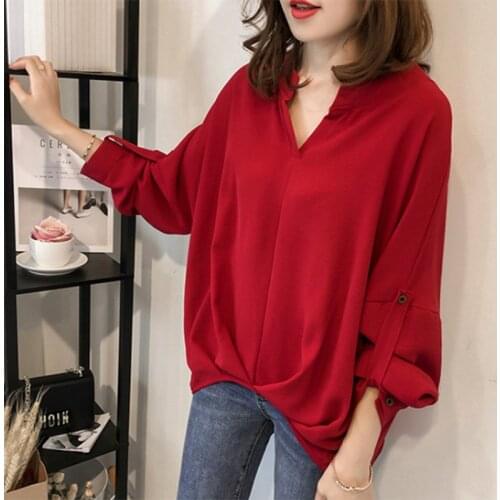 Women Bat Sleeve Shirt Long Sleeved Womens Tops And Blouse Chiffon Solid Feminine Clothes 4XL Red Orange Plus Size