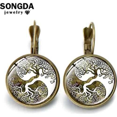 SONGDA Yin and Yang Life Tree Inspired Earrings Natural Theme Photo Glass Convex Gem Earrings for Women Yoga Martial Art Lovers