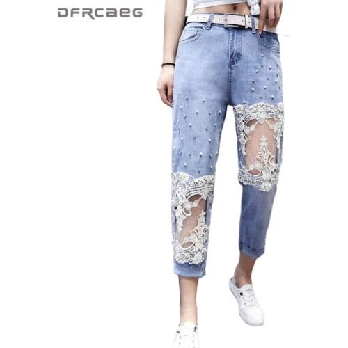 Vintage Hallow Out Lace Ankle-Length Women Jeans With Beading Pearls 2020 Summer High Waist Hole Ripped Jean Denim Pants Femme