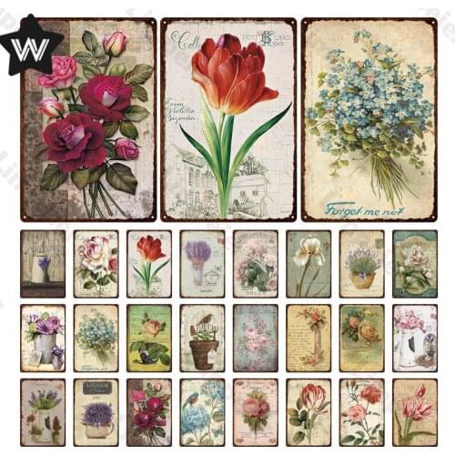 Flowers Vintage Metal Signs Rose Peony Tin Signs Retro Style Life Quotes Decorative Plaque for Garden Living Room Wall Art Decor