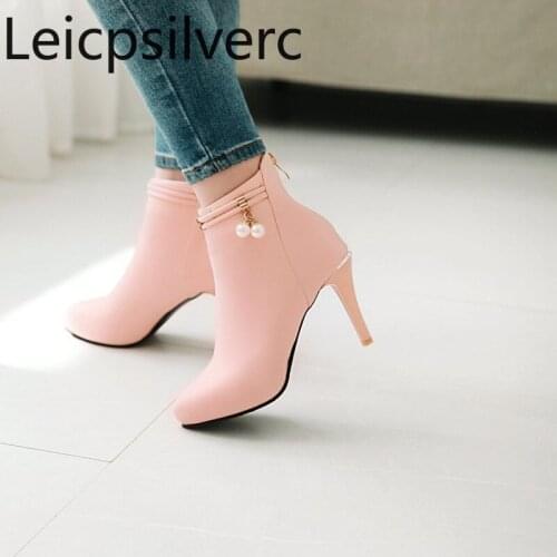 Womens Boots winter The New Pointed pearl Metal Decoration zipper Fine heel High heel Short tube Womens shoes plus size 34-43