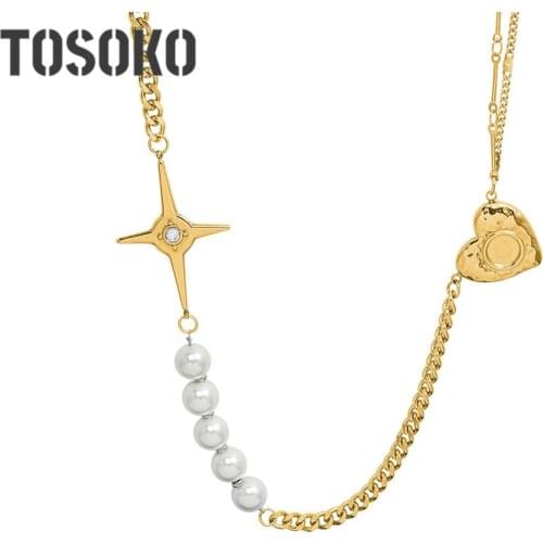 TOSOKO Stainless Steel Jewelry Star Zircon Pendant Necklace Natural Freshwater Pearl Womens Retro Necklace BSP1114