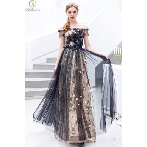 SSYFashion New Black Evening Dress Womens Banquet Elegant Floor-length Lace Appliques Beading Party Formal Gown Robe De Soiree