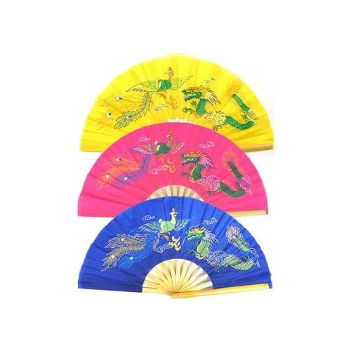 3color yellow/rose/blue bamboo Dragon phoenix wushu fans martial arts kung fu taiji tai chi fan