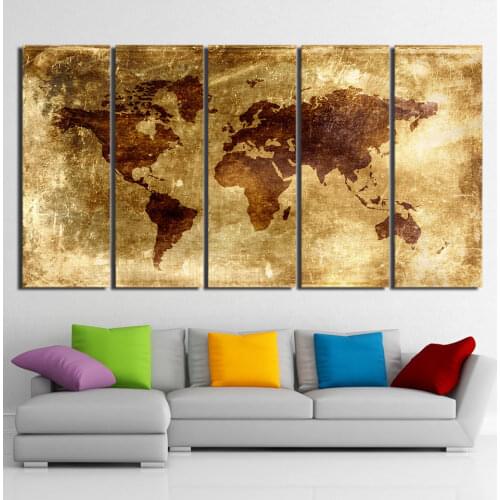 5 Panel Vintage World Map Modular Wall Art Canvas Poster Pictures HD Print Paintings Home Decor Living Room Bedroom Decoration