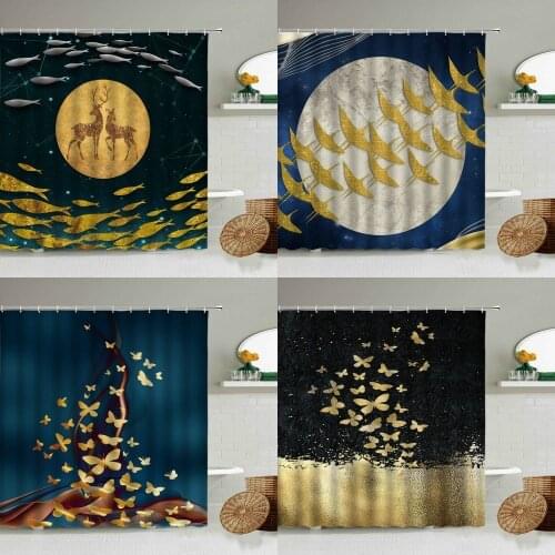 Abstract Golden Bird Butterfly Elk Fish Shower Curtain Blue Texture Bathroom Waterproof Polyester Curtains Home Decoration Set