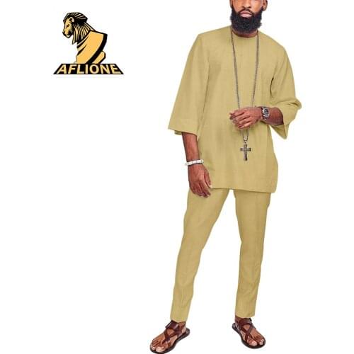 African Men Set Casual Shirt and Pant Two Piece Suit Dashiki Half Sleeve Ankara Tracksuit Bazin Riche Af2116072