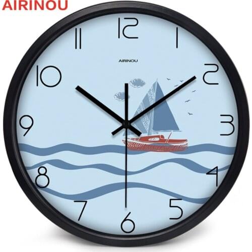 Airinou Cartoon Lovely Fun Sailing Metal Wall clock, kids Living Room Study Room Glass Clock