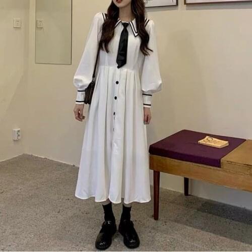 HOUZHOU White Dress Women Japanese Preppy Style Long Sleeve Dress Spring Autumn Kawaii Jk Outfits Sailor Collar Sweet Streetwear