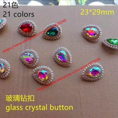 Free shipping 10pcs/lot 2.4*2.9cm water-drop 21 colors glass crystal pearl rhinestone button sew on gold base for hat garment