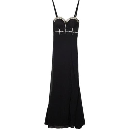 Black Sleeveless Beaded push up Dress Women Evening Party dress Sexy Back Split Long Dress Vestidos