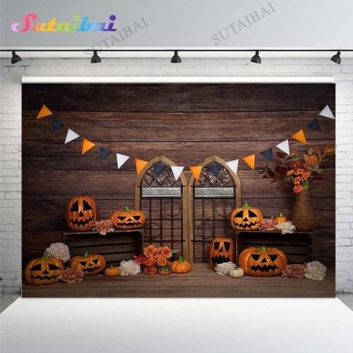 Halloween Photography Backgrounds Retro Brown Wood Wall Door Autumn Flowers Pumpkin Lantern Decor Backdrop Child Portrait Photos