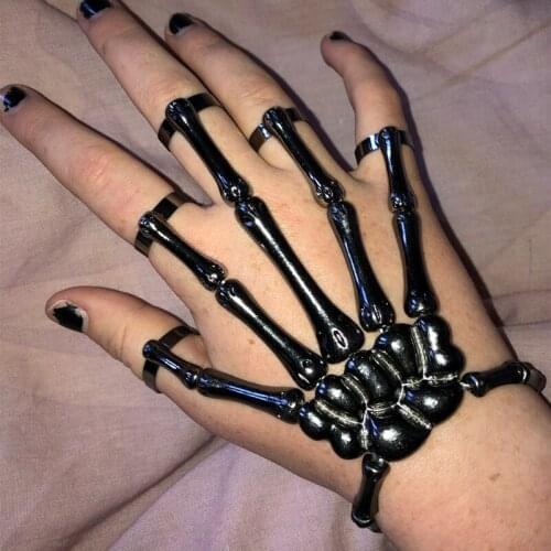 Gothic Halloween Skull Skeleton Bracelet Metal Fingers Hand Bone Bangles With Adjustable Ring Wristband Handmade Punk Jewelry