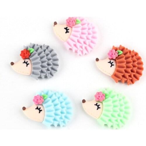 Kawaii Resin Cabochon 10pcs 30*25mm Floral Animal Hedgehog Flatback Ornament Button Patch Sticker Girl Hair Clip Bow Center DIY