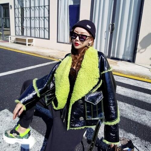 Winter fluorescent green lamb cashmere Motorcycle Jacket Women fashion stitching fur one coat Women thick loose pocket PU Jacket