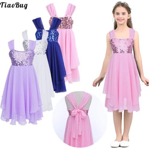TiaoBug Summer Kids Girls Chiffon Sequins Adjustable Shoulder Straps Dress Costume For Casual Ballet Dance Gymnastics Party