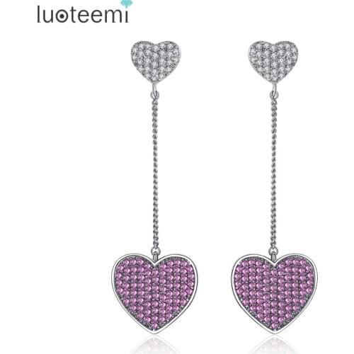 LUOTEEMI Love Gift Double Heart Dangle Earrings Micro Clear Green Red Stones Drop Brincos for Women Girl Birthday Jewelry