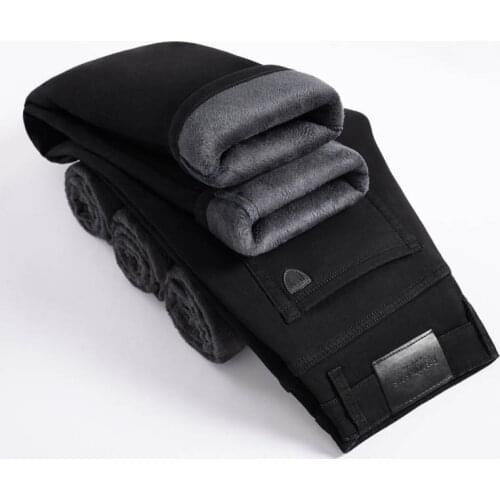 2021 Autumn Winter Brand Fleece Thick Warm Jeans Classic Style Business Casual Mens Pure Black Slim Straight Denim Jeans