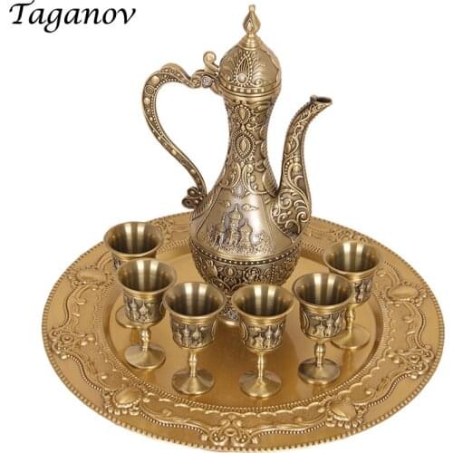New Arrival Bar Set Eight-piece Set Russia Coffee set gift Wine Tea set metal hotel room decor plate flagon 6 goblets shot glass