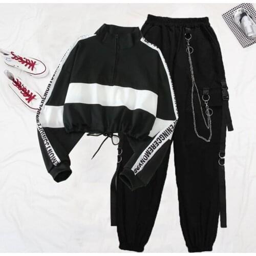 Solid color cargo womens suit 2021spring new printing patchwork fashion retro western style high street hip-hop two-piece suit