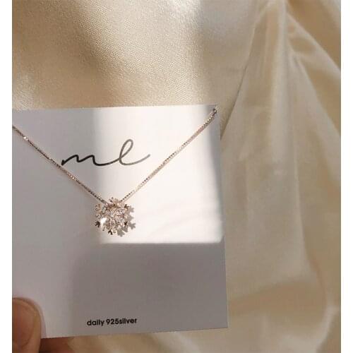 S925 silver Flash Cubic Zircon Snowflake Pendant Necklace Fashion Clavicle Chain Rose Gold Silver Color Necklace For Women