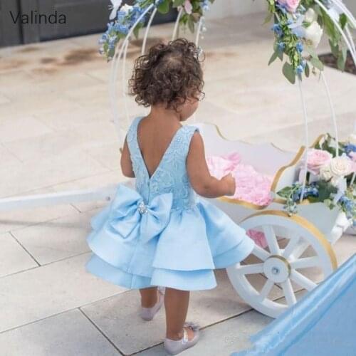 Blue Flower Girl Dresses with Double Tiered Skirt Baby Toddler Girl Birthday Dress Kids Clothing Formal Wear Gowns
