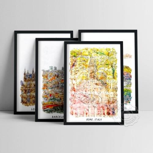 World Travel Watercolour Poster, London Barcelona Rio De Janeiro Rome Art Prints, City Landscape Wall Painting, Tour Wall Art