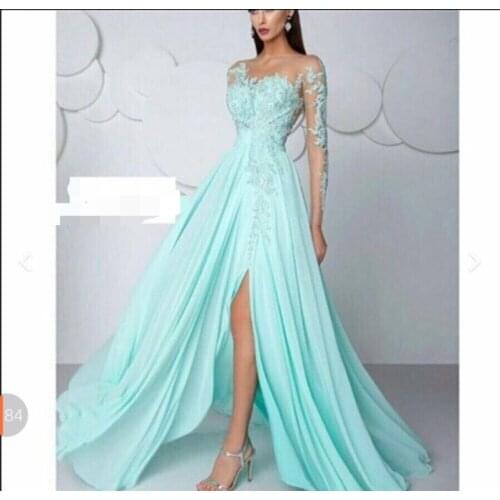 Light Blue lace appliques sexy illusion Long sleeve Formal Long Elegant Chiffon simple Party prom gown 2018 bridesmaid dresses