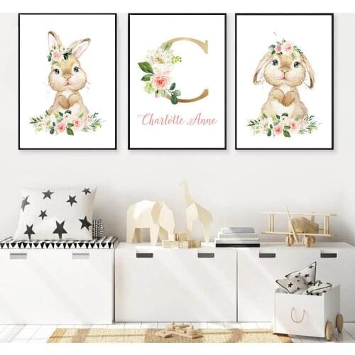 Rabbit Animal Diamond Painting Custom Name Prints Poster Nursery Wall Art Pictures Flowers Art Print Kids Baby Room Wall Decor