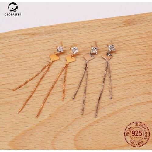 Temperament simple sterling silver long tassel earrings Female square zircon earrings Free shipping Girls' birthday gifts 571