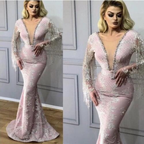 SuperKimJo Vestidos De Fiesta De Noche Tassels Beaded Evening Dresses Long Sleeve Lace Applique Pink Evening Gown Robe De Soiree
