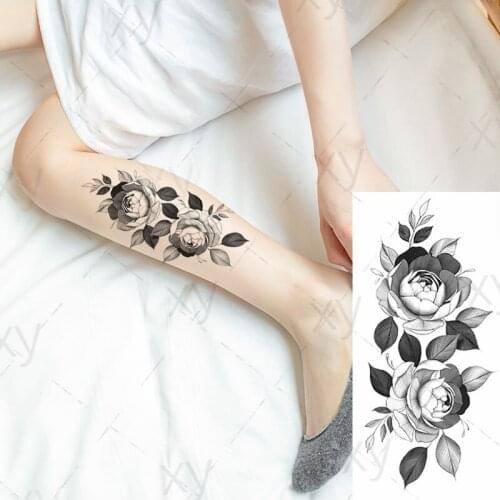Waterproof Temporary Tattoo Sticker Black and White Rose Peony Flower Flash Body Art Arm Fake Sleeve for Women Men