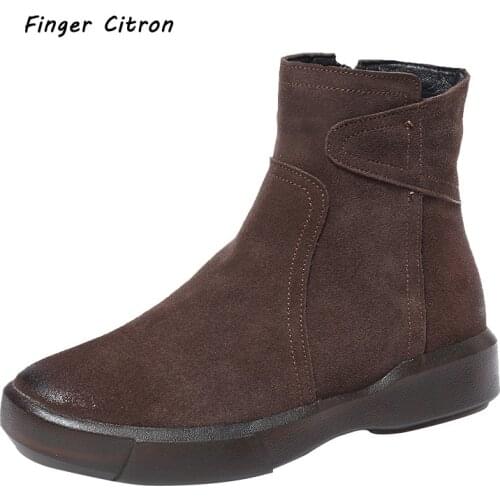 Finger Citron Cow Suede Women Anckle Boots With Zipper Round Toe Gum Rubber Outsole Soft And Comfortable Lady Style Size 35-42