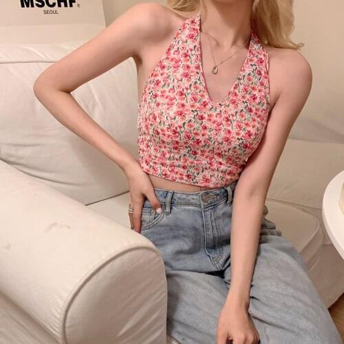 Women’s Fashion Floral Printed Vest Summer Sexy V-neck Bandage Exposed Navel Halter Camisole