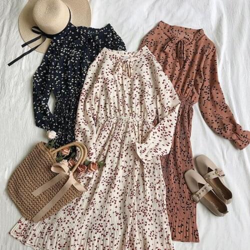 Spring Autumn Women Sweet Pleated Dress Elastic Waist Long Sleeve Floral Print Chiffon Dress Fashion Casual Knee-length Dresses