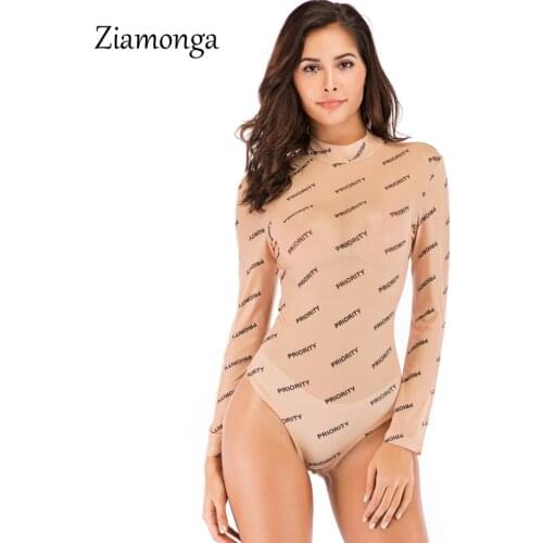 Ziamonga Sheer Mesh Floral Print Long Sleeve Sexy Bodysuit Women Top Fashion Spandex Black Pink Sexy Turtleneck Mesh Bodysuit