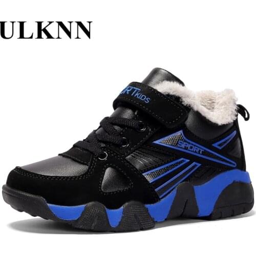 Boys Winter Plush Sports Shoes Leather Surface Fleece Casual Shoes Cotton Shoes For Boys Velvet Thickened Warm Sneakers Blue