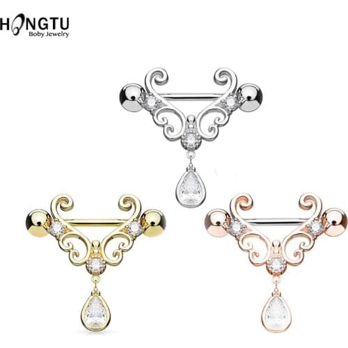 1 Pair Teardrop Pendant Nipple Ring Breast Piercing Bar Rings Zircon Dangle Nipple Piercing Shields Bars Ring Body Jewelry 14G