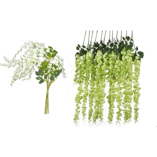 12pcs Artificial Silk Wisteria Vine Ratta Silk Hanging Flower Wedding Decor - 6pcs White & 6pcs Green