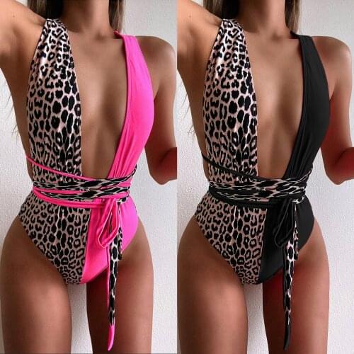 2021 New Fashion Swimsuit Ladies One-piece High-waist Beach Swimwear Leopard Print Stitching Strappy Bikini