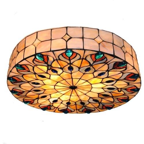 Baroque Retro 3-Light Tiffany Style Stained Glass Peacock Big Ceiling Lamp Vintage Flush Mount Light Fixtures For Bedroom CL259