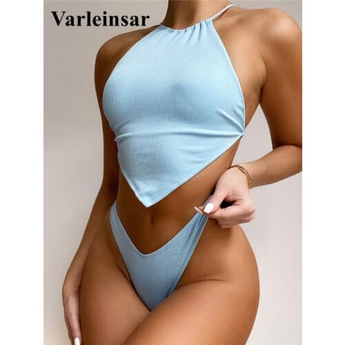 High Neck Cross Back High Cut Ribbed Bikini Women Swimwear Female Swimsuit Two-pieces Bikini set Bather Bathing Suit Swim V2878