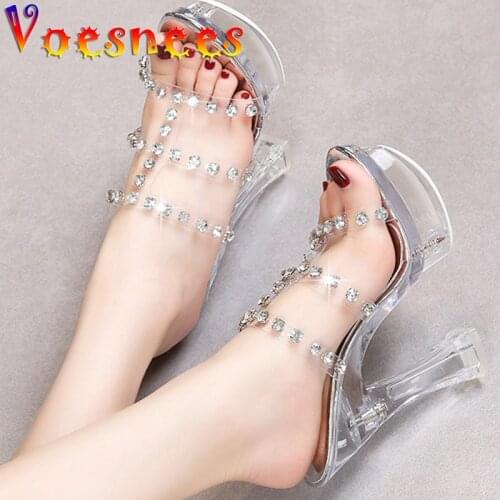 Sexy Party Crystal Sandals Transparent Rhinestone Petals Slippers Walk Show Stripper Women Shoes Platform Open Toe High Heels
