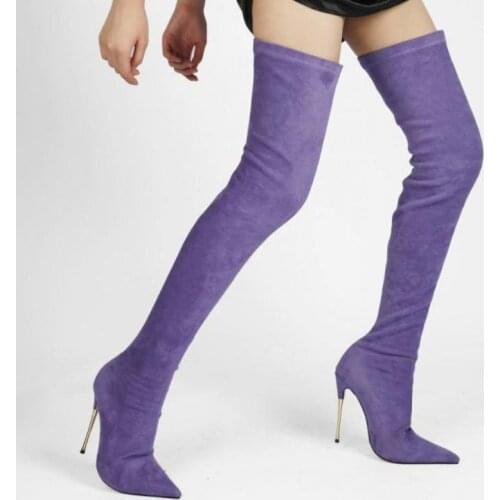 Over The Knee Boots Stiletto Heels Stretch Boots Sexy Long Thigh Boots Pointed Suede Purple High Heels Shoes Woman Zapatos Mujer