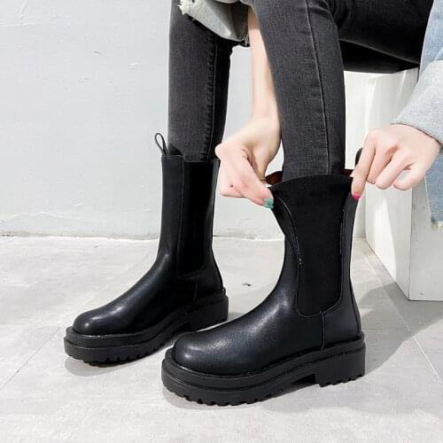 Chelsea Boots Chunky Boots Women Winter Shoes PU Leather Plush Ankle Boots Black Female Autumn Fashion Platform Booties