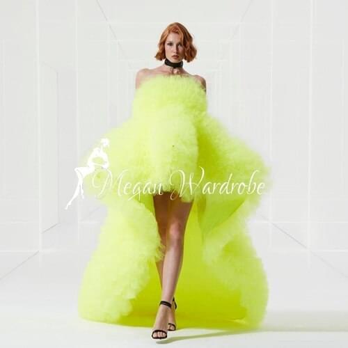 Fluorescent Yellow Tulle Dresses Fluffy Girls Puffy Tutu Dress High Low Pleated Party Homecoming Gowns Vestidos de sirena robe