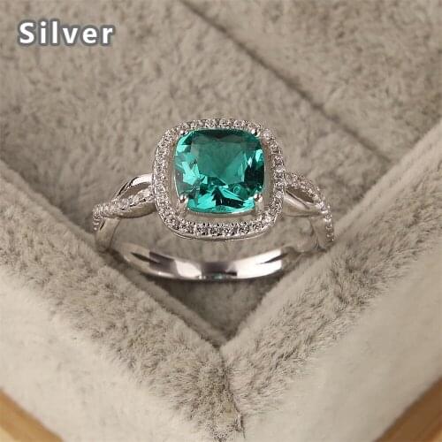 Hot selling 925 sterling silver ring close with platinum ms zircon blackish green square crystal jewelry gifts