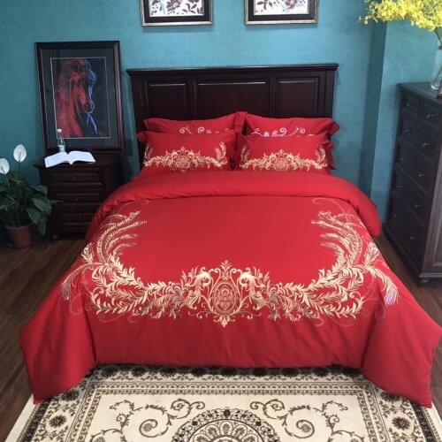 80S Egyptian cotton Luxury Embroidery Wedding Bedding Set 4pcs Queen King Duvet cover bed sheet set Pillowcase red phoenix nice